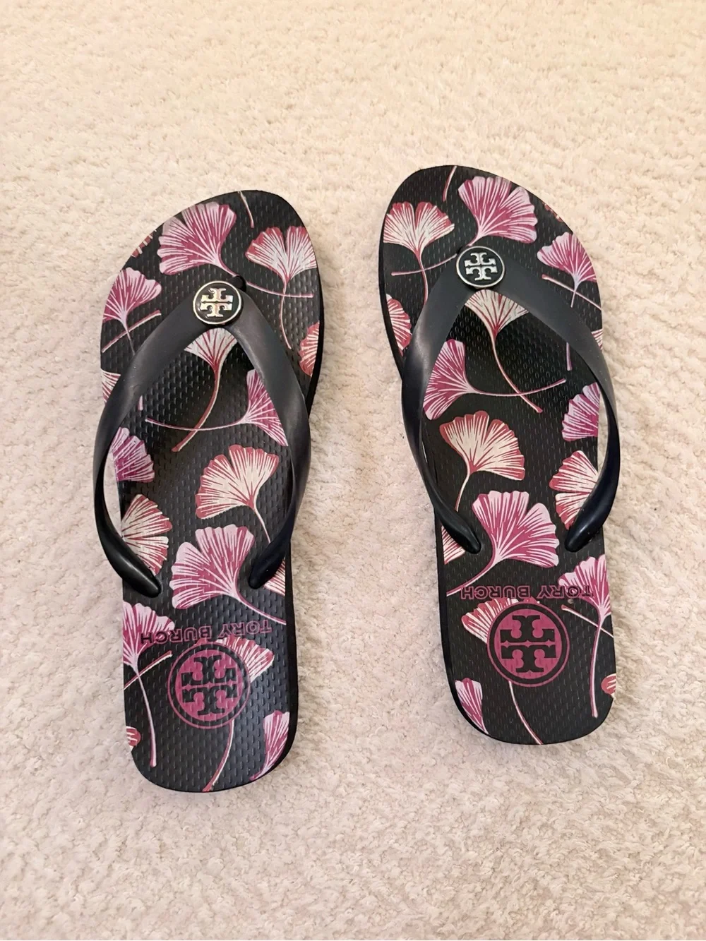 Tory Burch Black Flip Flops with Pink Floral Print